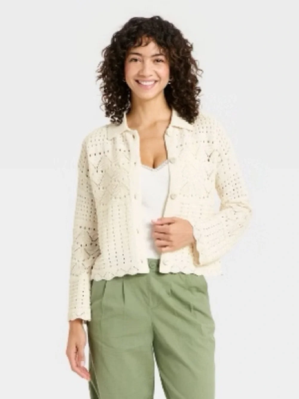 Women's Collared Crochet Cardigan - A New Day Cream XS